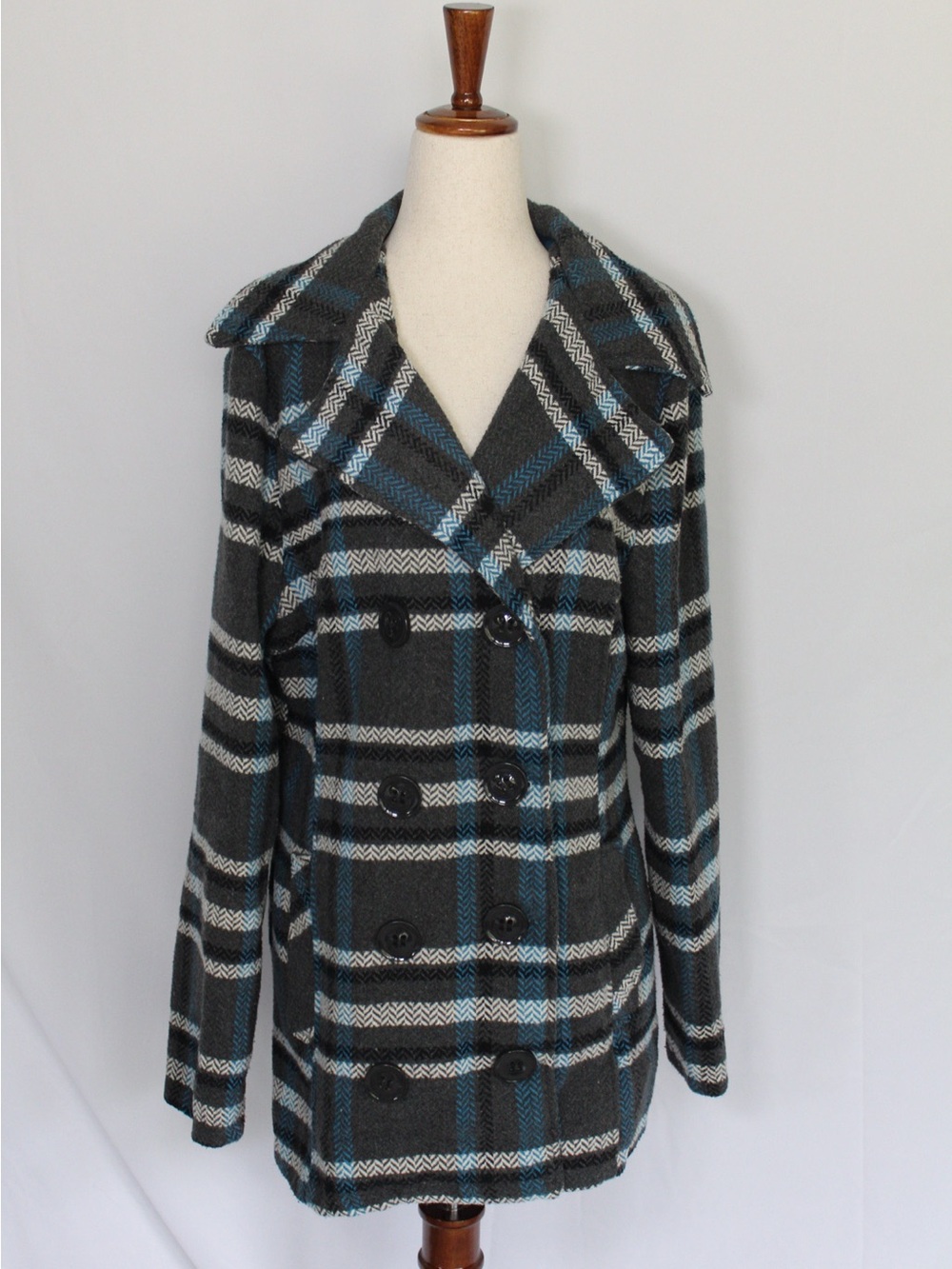 y2k Rue21 Gray & Blue Plaid Double-Breasted Pea Coat